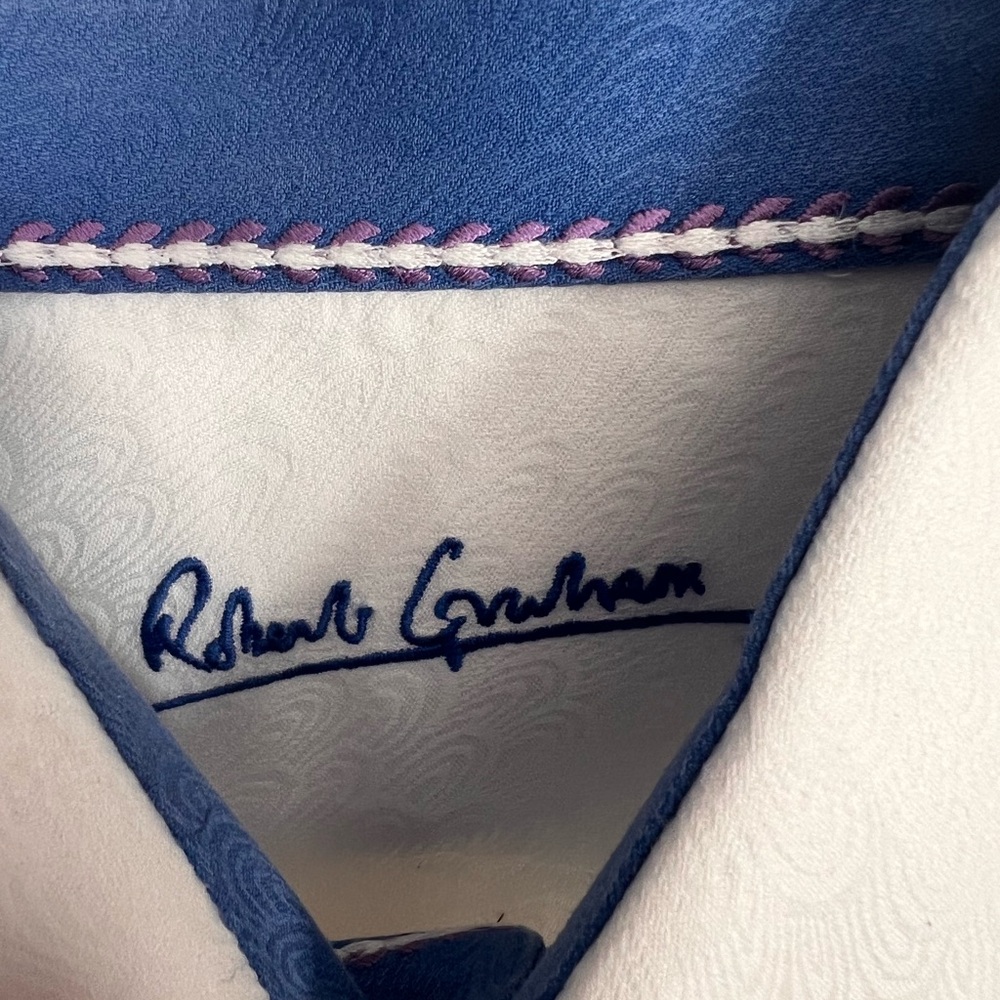 Robert Graham White Jaquard Collar dress shirt. Small stain bottom left front